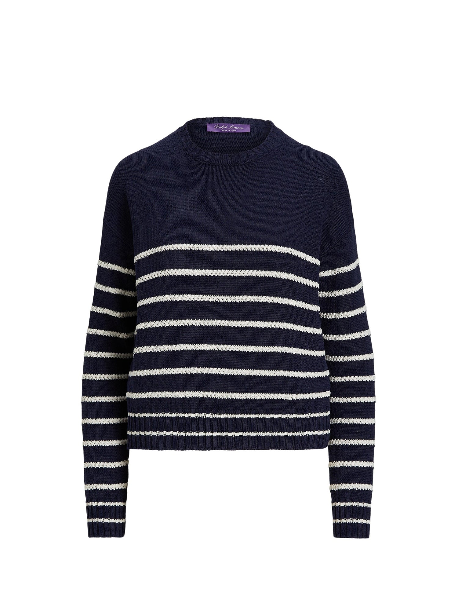 Pull col rond rayé en soie et lin mélangé - Lux Navy & Lux Cream