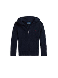 Pull torsadé et zippé à capuche en coton - Navy