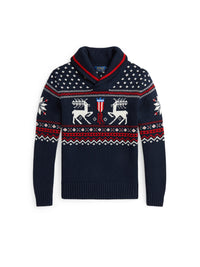 Reindeer shawl collar jumper - Navy Combo