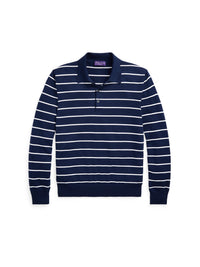 Pull rayé à col polo en coton - Spring Navy &  Optic White