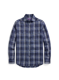 Tartan linen twill shirt - Indigo Blue