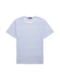 T-shirt rayé à col rond en fil d'Écosse - Deckwash White & Cornflower Blue