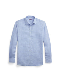Linen micro houndstooth shirt - Cornflower Blue & White