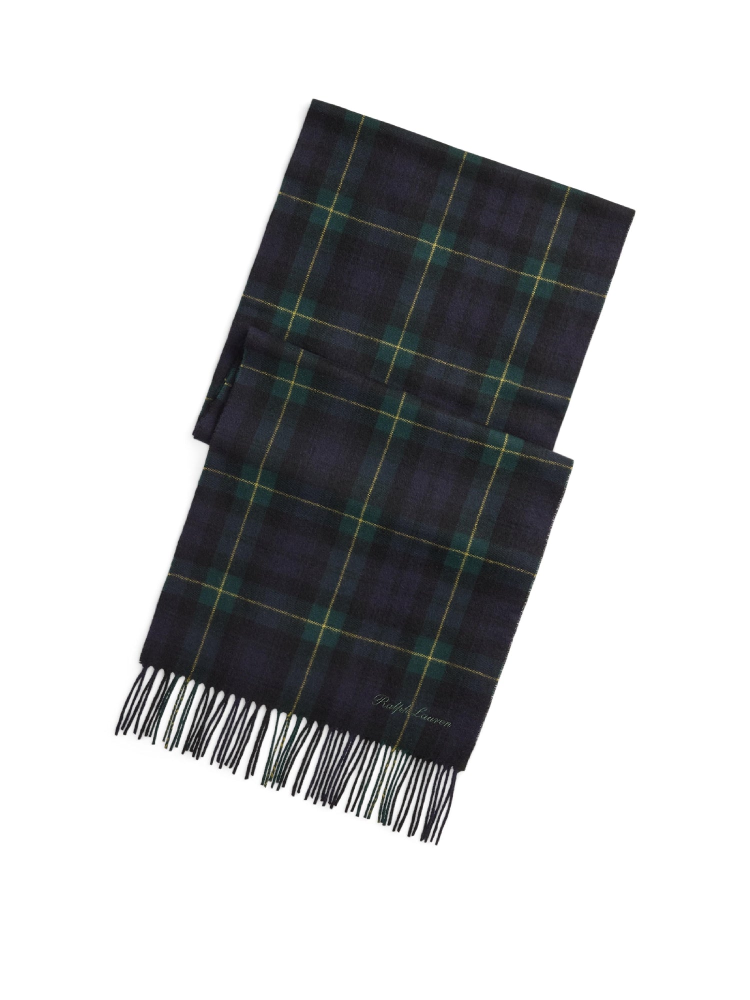 Écharpe écossais à franges en cachemire - Navy, Green & Gold