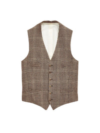 Gilet fait main à motif pied-de-poule en lin - Taupe Multi & Blue Deco
