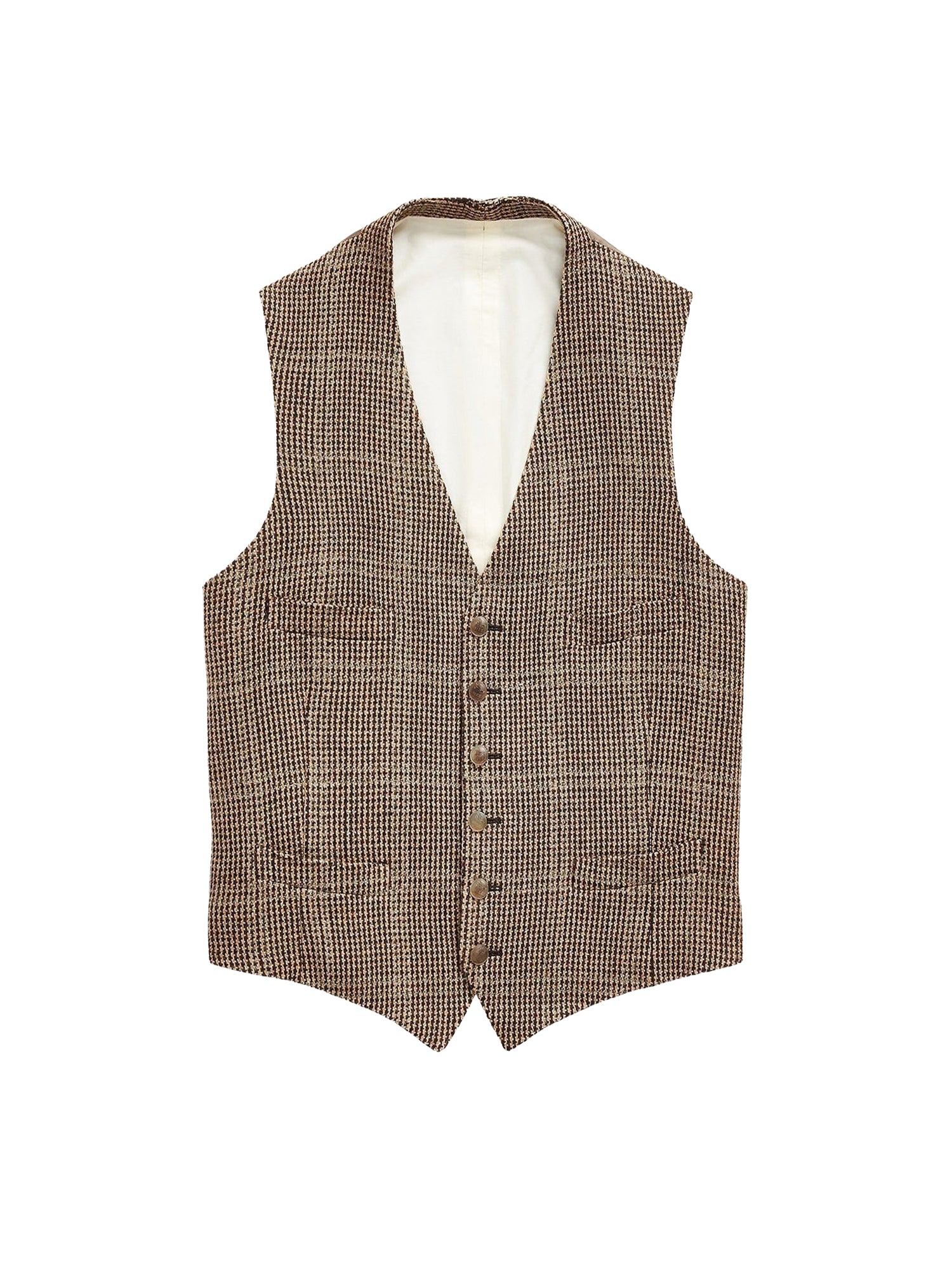 Gilet fait main à motif pied-de-poule en lin - Taupe Multi & Blue Deco
