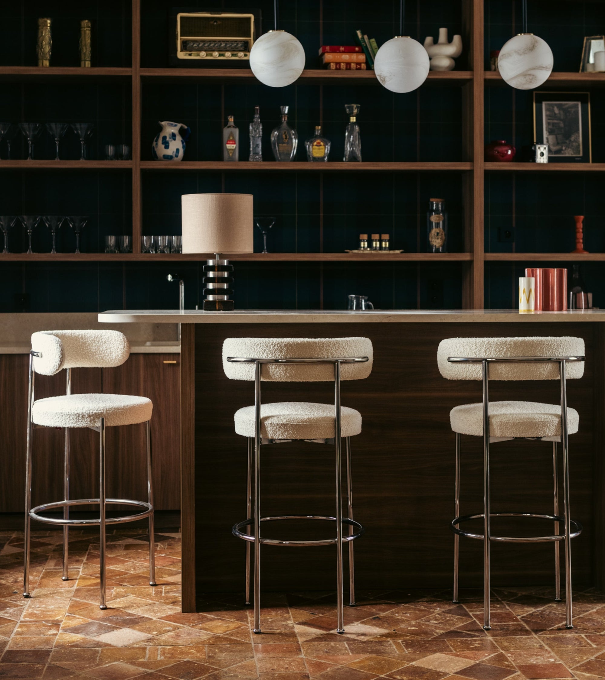 Chaise de bar Libera en laine bouclée - Blanc crème