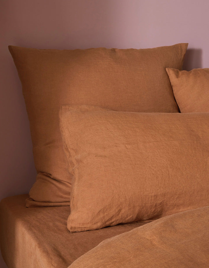 Drap housse en lin lavé - Caramel