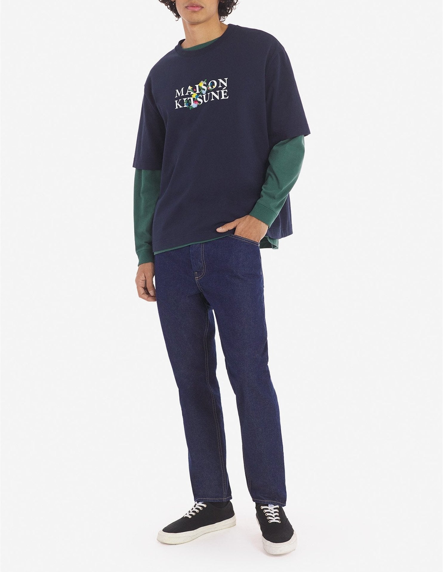 Round-neck T-shirt with floral print - Navy