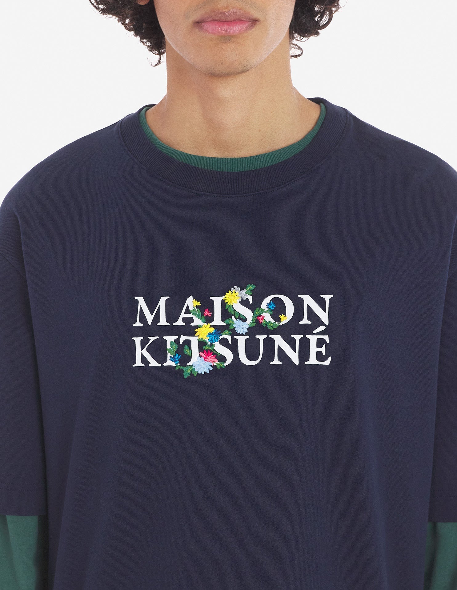 Round-neck T-shirt with floral print - Navy