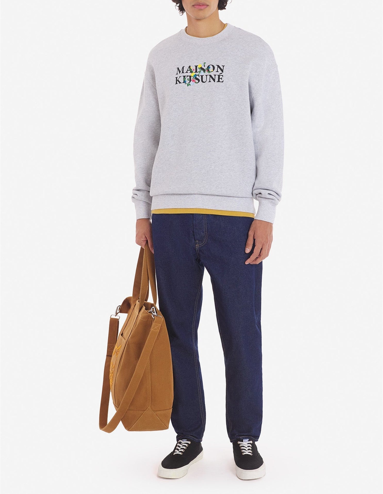 Sweatshirt col rond avec inscription ornée de fleurs - Light Grey Melange