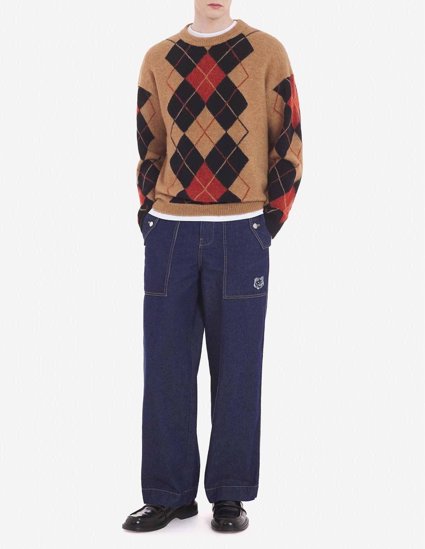 Wool jacquard jumper - Beige Black Red