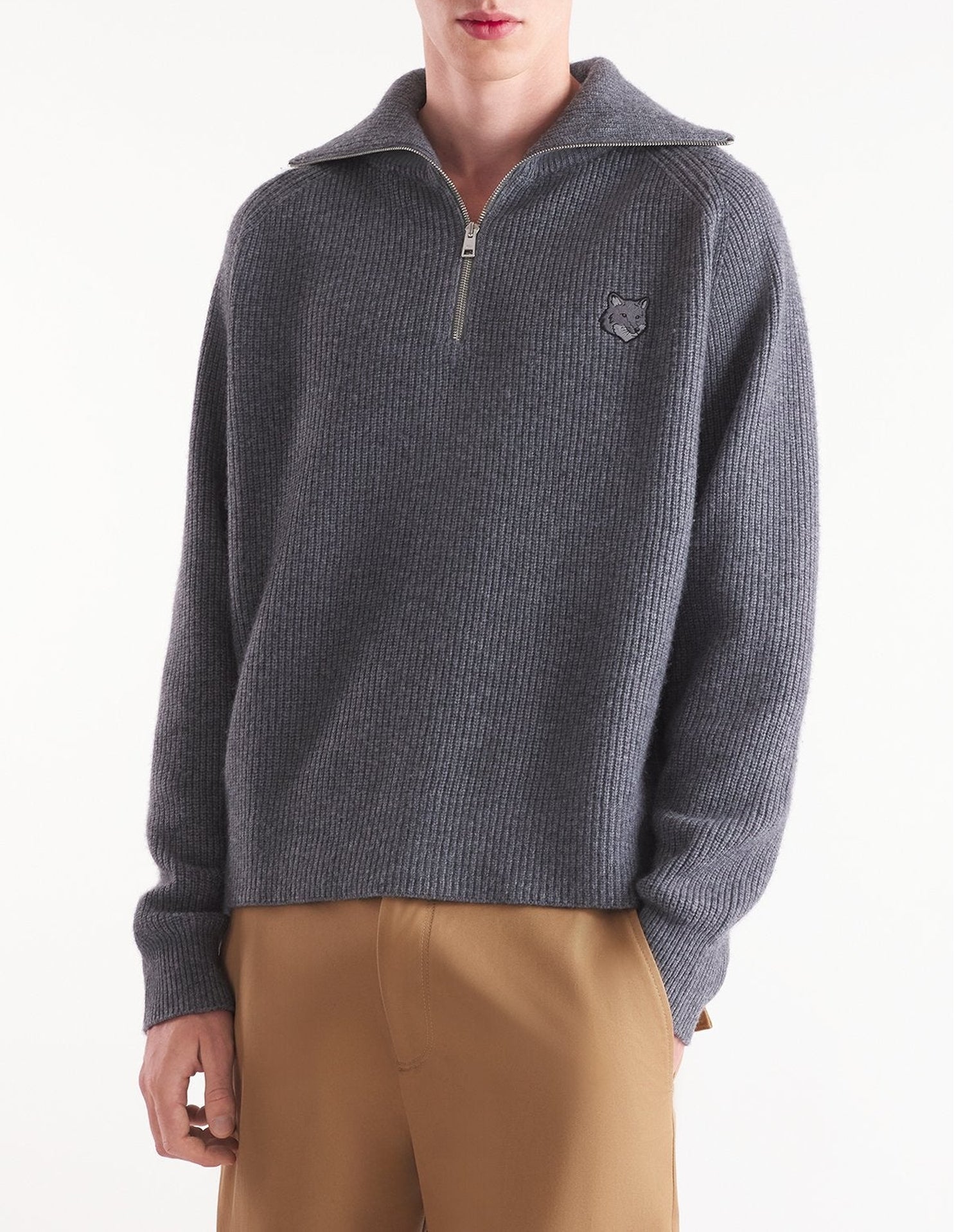 Bold Fox Head wool and cashmere zip jumper - Medium Grey Melange