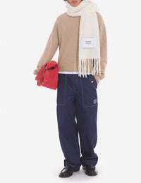 Pull brodé côtelé en laine - Beige Melange
