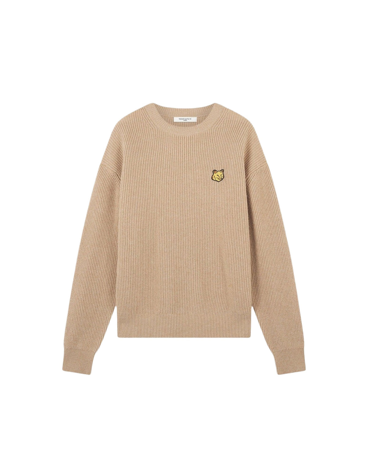 Pull brodé côtelé en laine - Beige