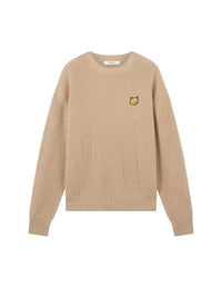 Pull brodé côtelé en laine - Beige Melange