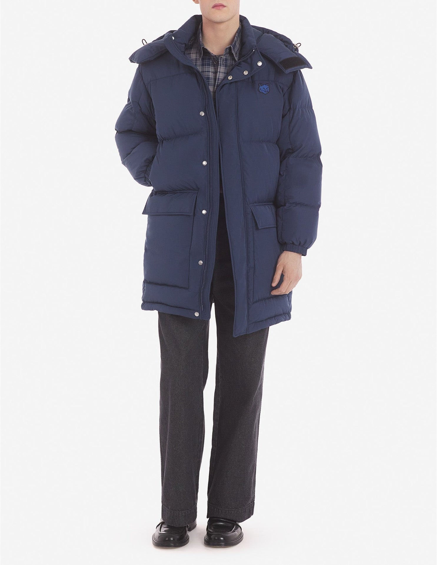 Mid-length hooded down jacket with crest - Ink Blue