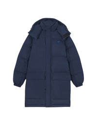 Mid-length hooded down jacket with crest - Ink Blue