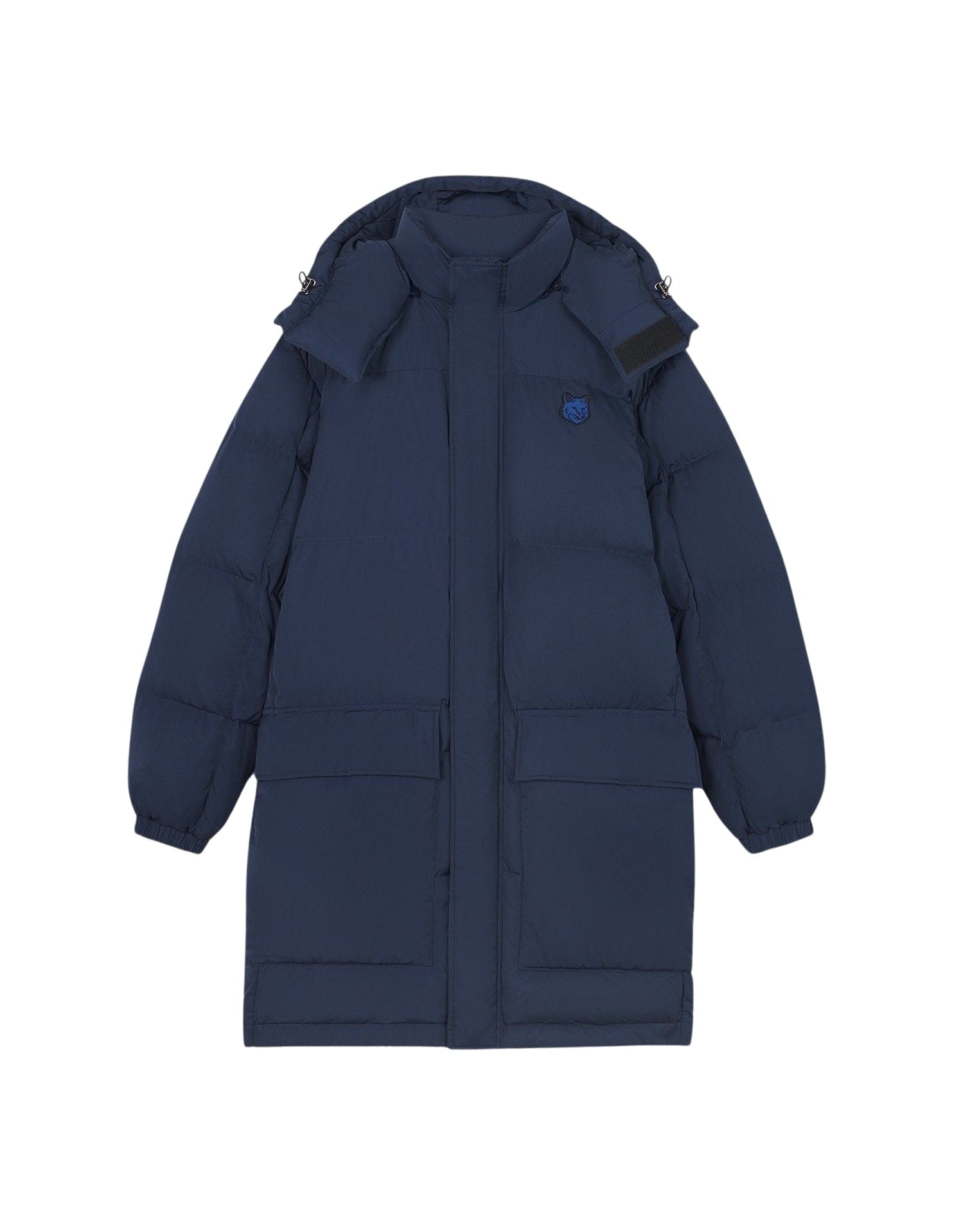 Mid-length hooded down jacket with crest - Ink Blue