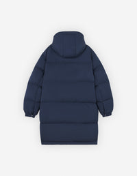 Mid-length hooded down jacket with crest - Ink Blue