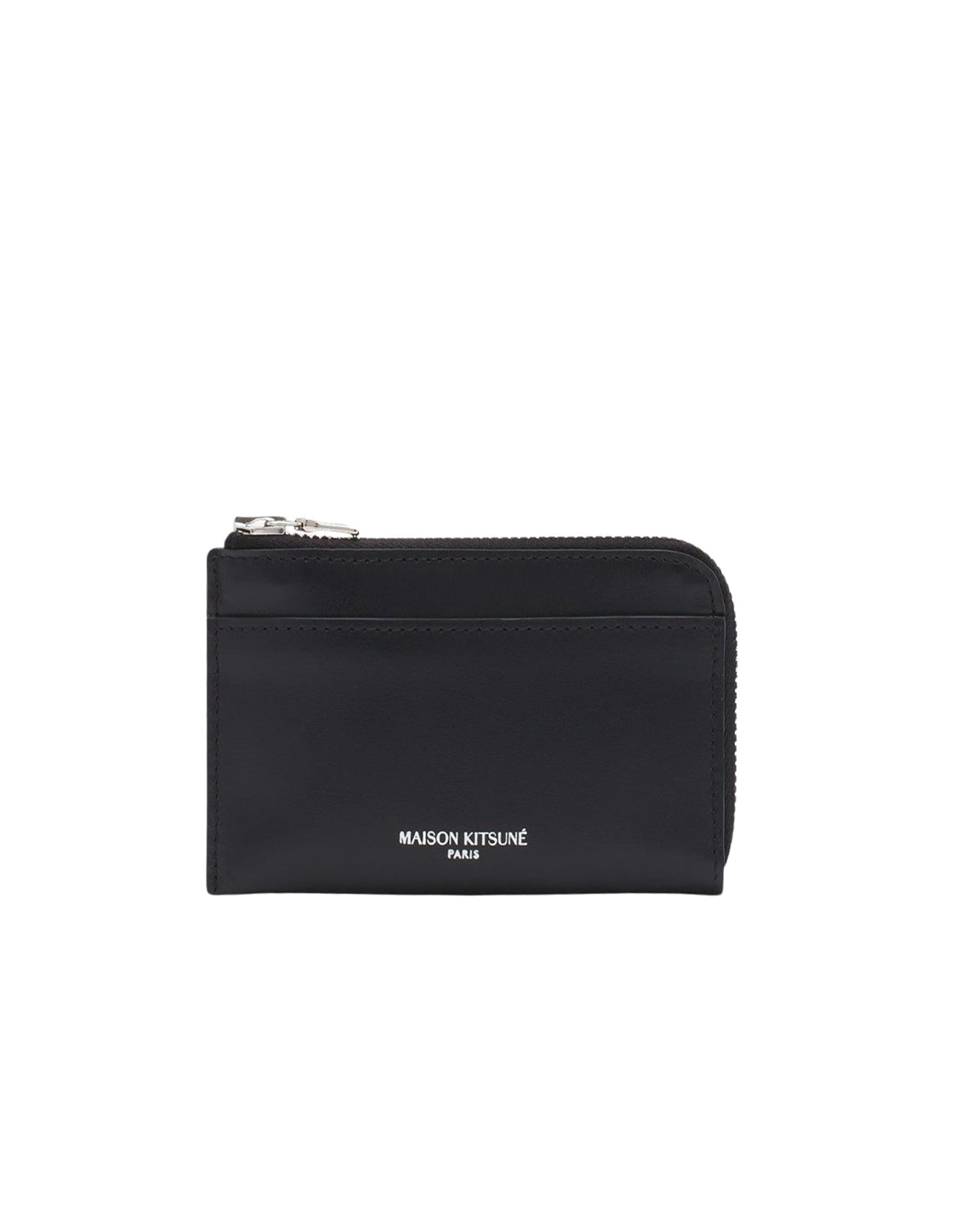 Zipped leather card case with embossed front - Black