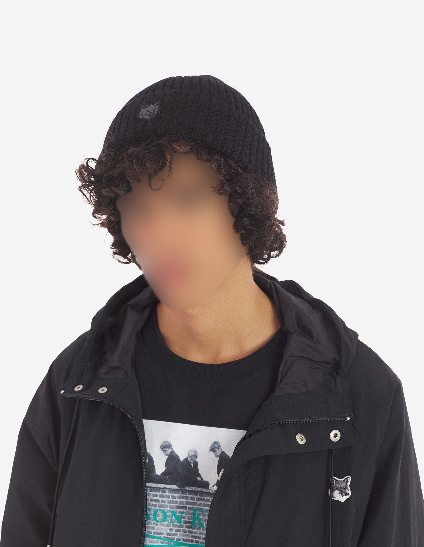 Ribbed hat with wool crest - Black