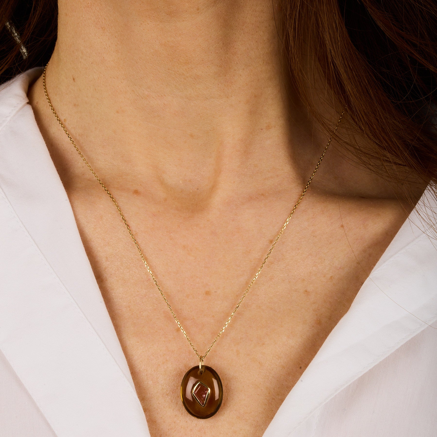 Yellow gold necklace - Honey quartz & pink tourmaline