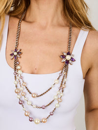 1qty NEW / Vermeil Collier sautoir 3 rangs vermeil rose perle blanche et perle rubis // RECO : 1350€