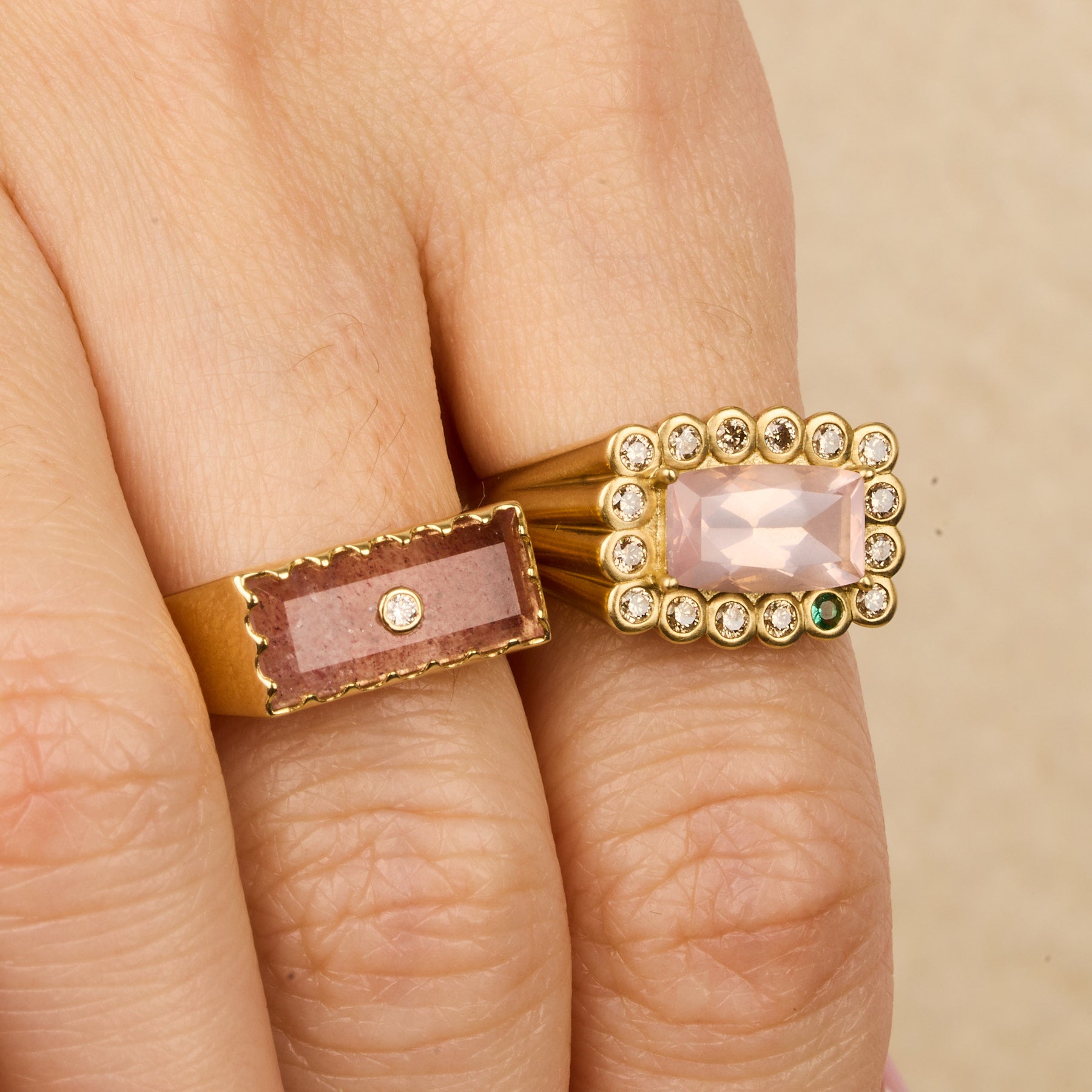 Yellow gold ring set with diamond - Strawberry quartz & Diamond