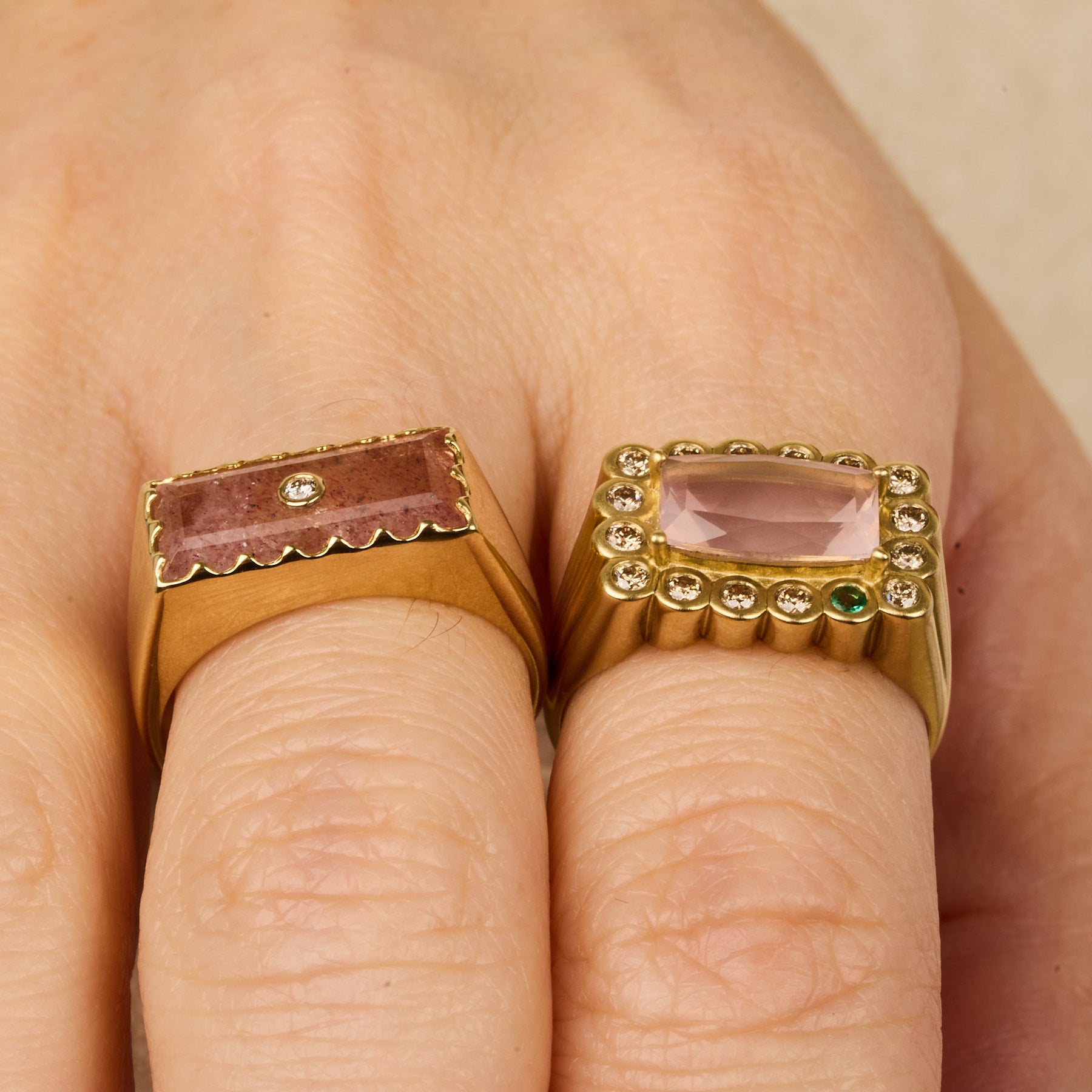 Yellow gold ring set with diamond - Strawberry quartz & Diamond