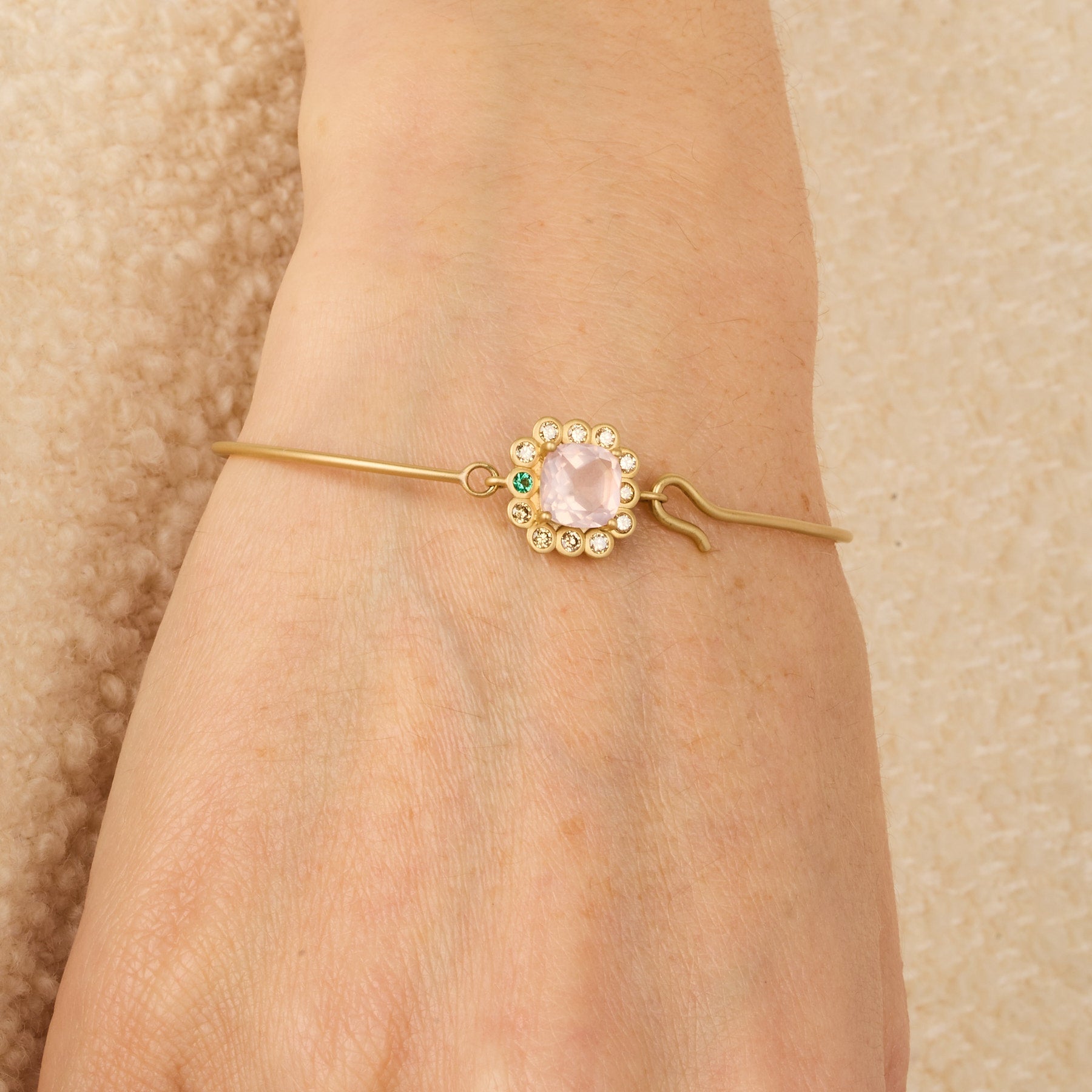 Yellow Gold Bracelet set with Diamonds - Emerald & Pink Quartz