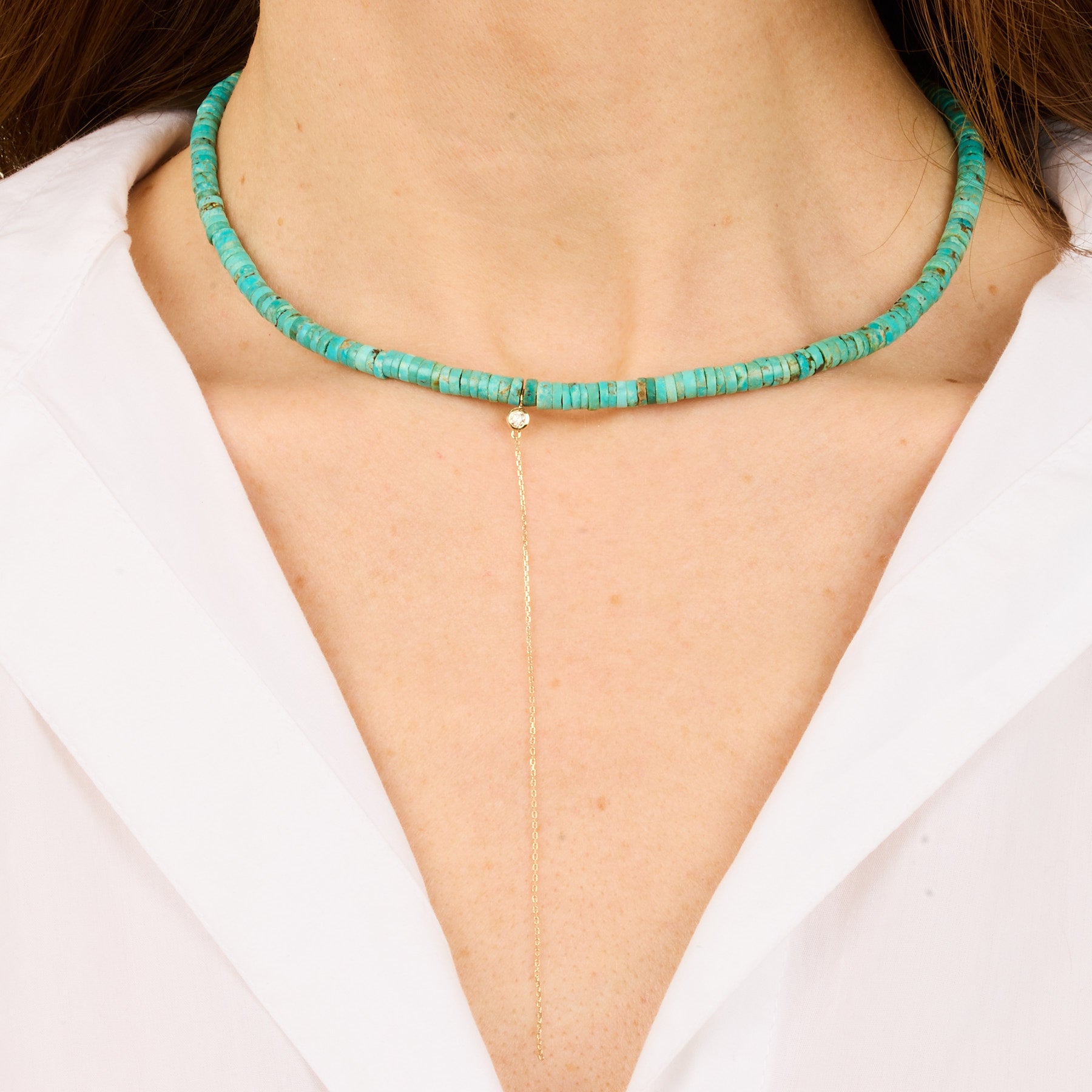 Yellow gold necklace set with diamonds - Diamond & Turquoise