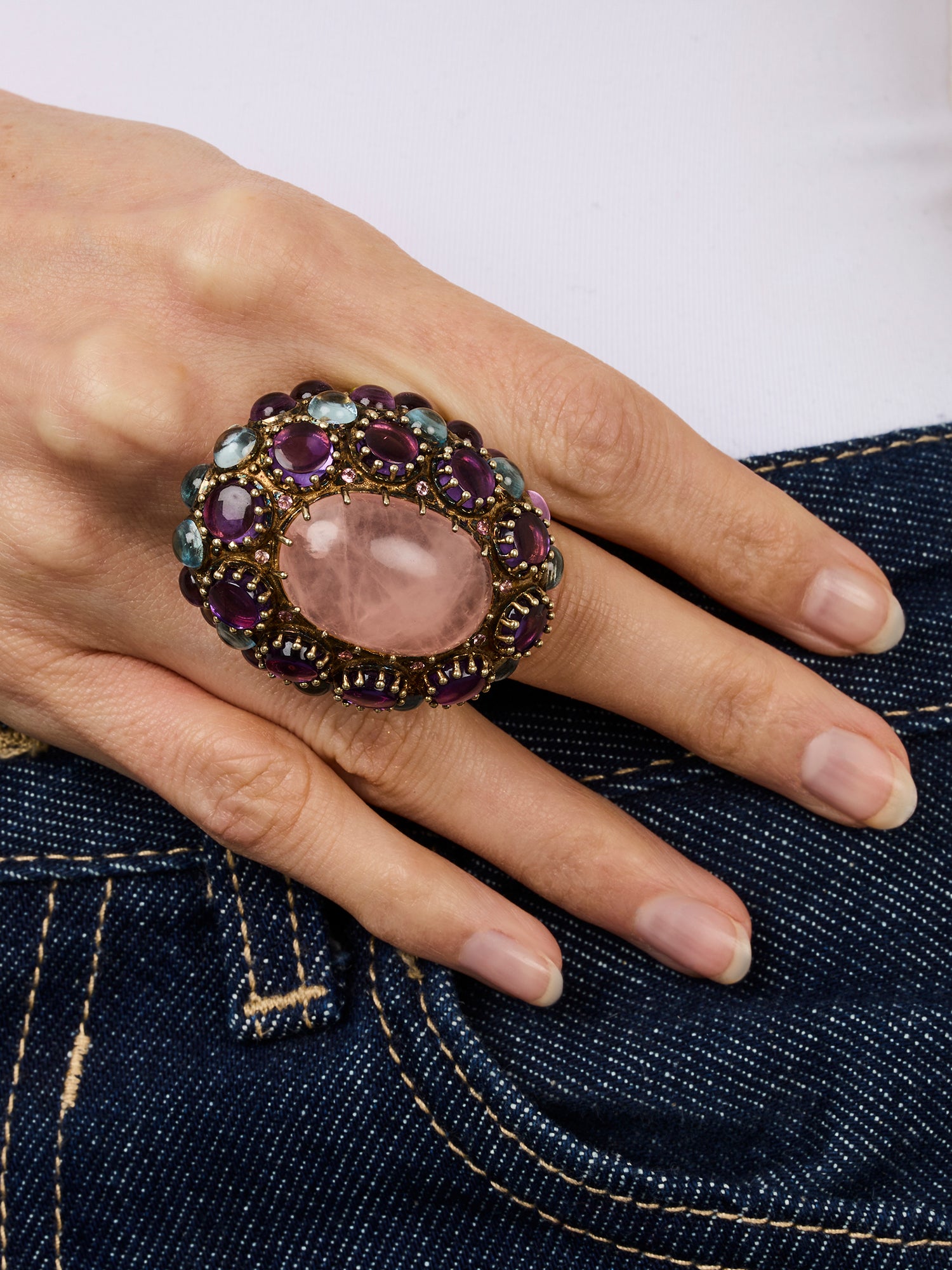 2qty DJV / QTY DISPO : 2-QTY VENDUES : 0-ST : 0% PRIX DJV : 950€ // Vermeil Bague en vermeil serti de pierres semi-précieuses cabochon quartz rose /// RECO : 875€