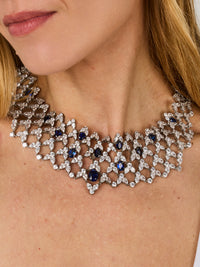 1qty NEW / Argent Rhodié Collier Illusion Burmalite bleu saphir taille ovale et Burmalite blanche en argent rhodié // RECO : 2160€