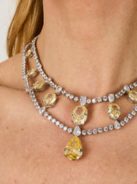 1qty NEW / Argent Rhodié Collier double rangs Burmalite jonquille taille ovale dégradée et taille poire sur argent rhodié // RECO : 2100€