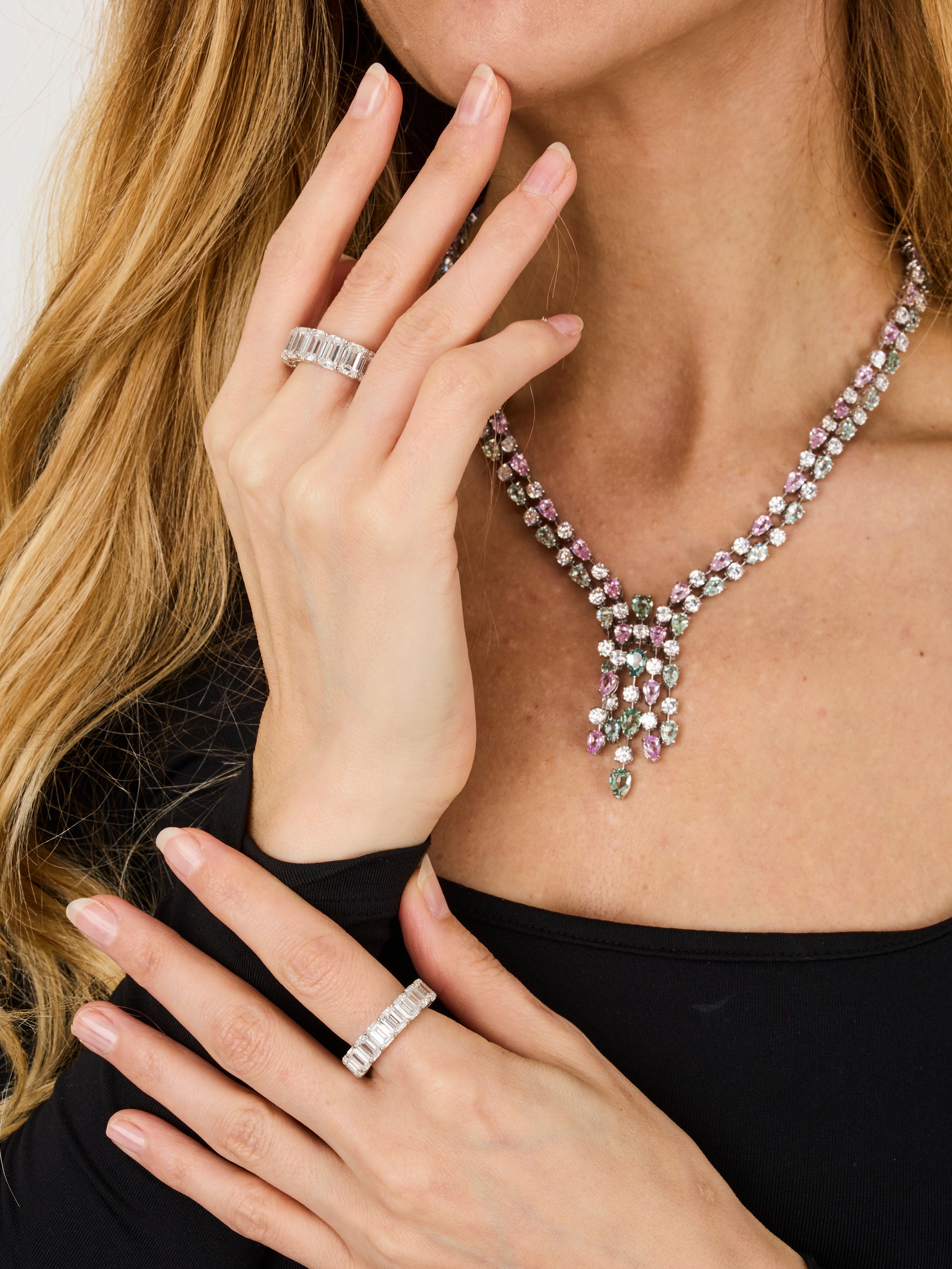 1qty NEW / Or blanc 18 ct Alliance en or blanc 18 carats sertie de diamants synthétiques taille émeraude 9 // RECO : 6965€