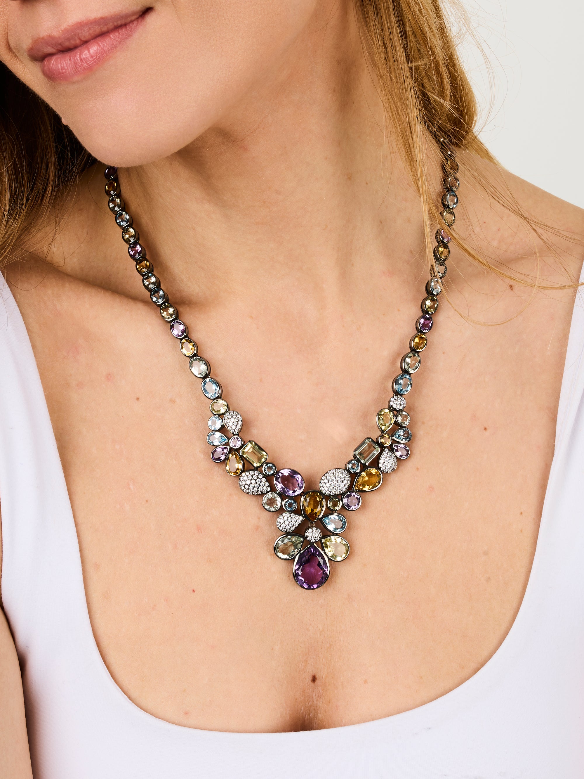 2qty NEW / Argent Collier multipastel sur argent noirci serti de lemon quartz 9 // RECO : 840€