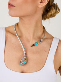 1qty NEW / Argent Rhodié Collier serpent en argent rhodié brossé predominance turquoise 5 // RECO : 560€