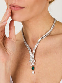 1qty NEW / Argent Rhodié Collier deux rangs serti de Burmalite taille poire vert émeraude et Burmalite blanche en argent rhodié // RECO : 750€