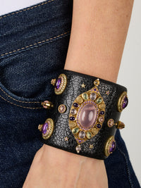 1qty NEW / Vermeil Manchette autruche noire avec cabochon quartz rose 19 // RECO : 960€