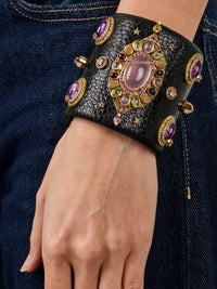 1qty NEW / Vermeil Manchette autruche noire avec cabochon quartz rose 19 // RECO : 960€