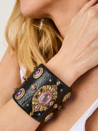 1qty NEW / Vermeil Manchette autruche noire avec cabochon quartz rose 19 // RECO : 960€