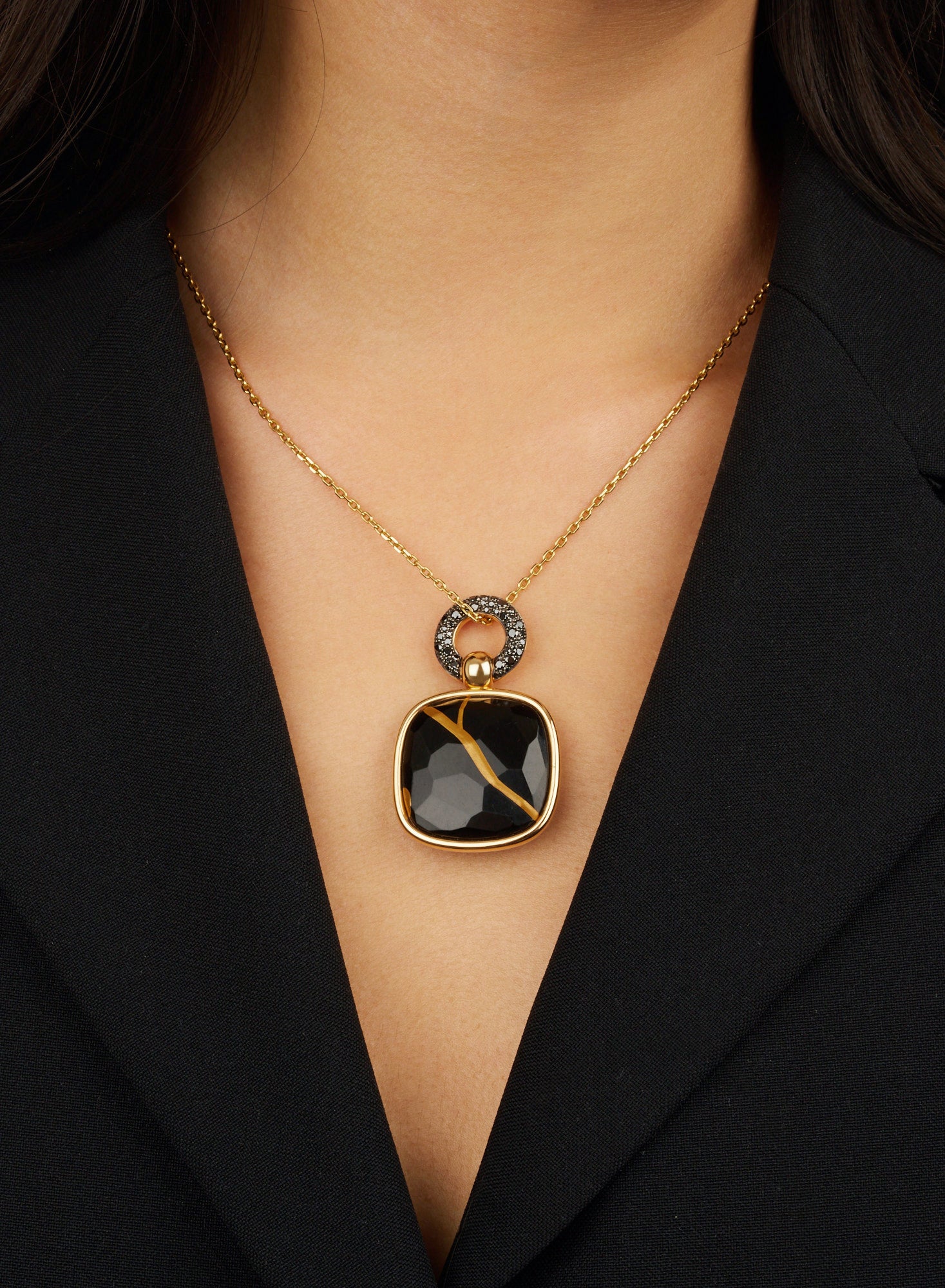 Pendentif Kintsugi en Or rose 18K et Jet & Diamant