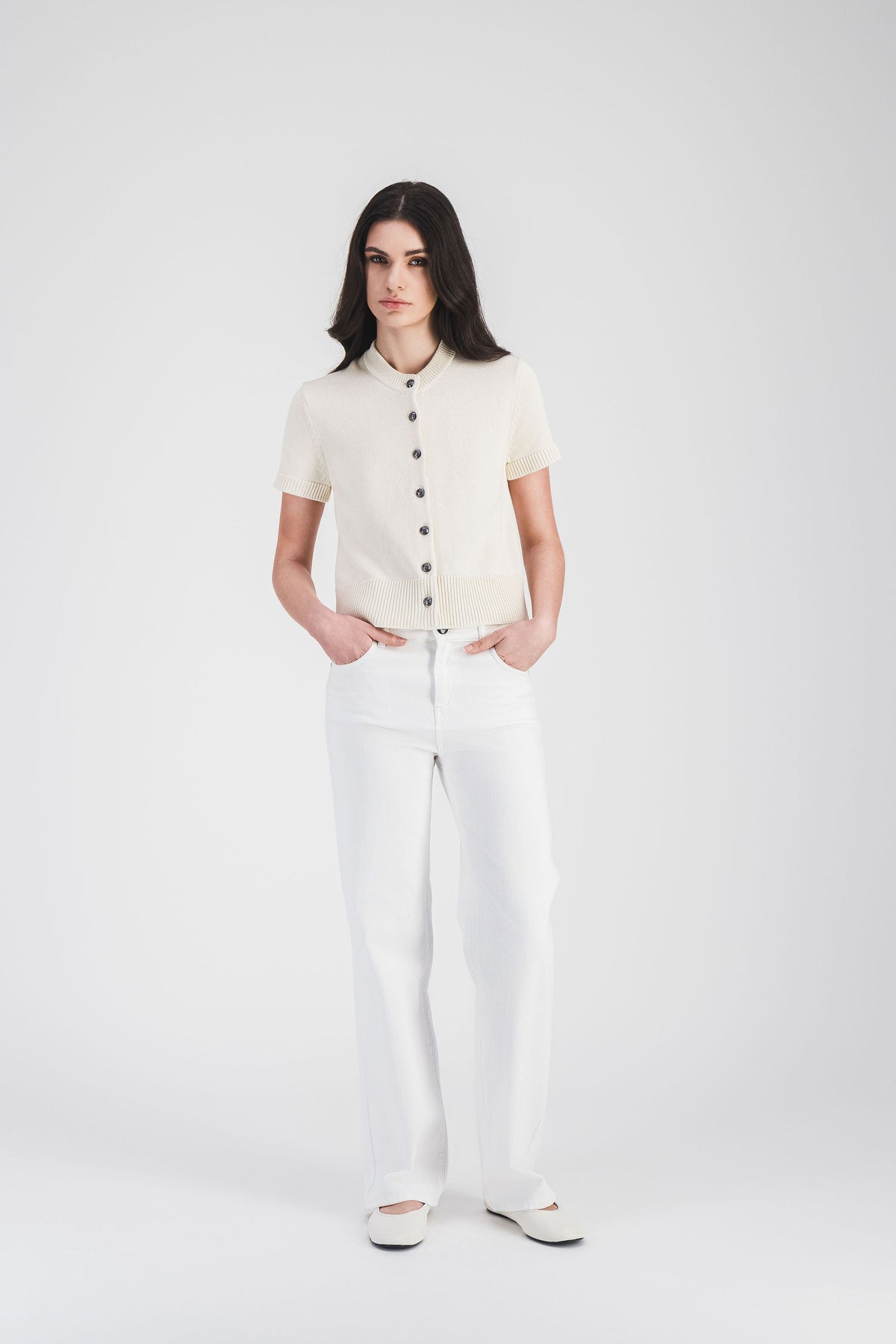 Cardigan col rond mc courtes - Blanc Cassé