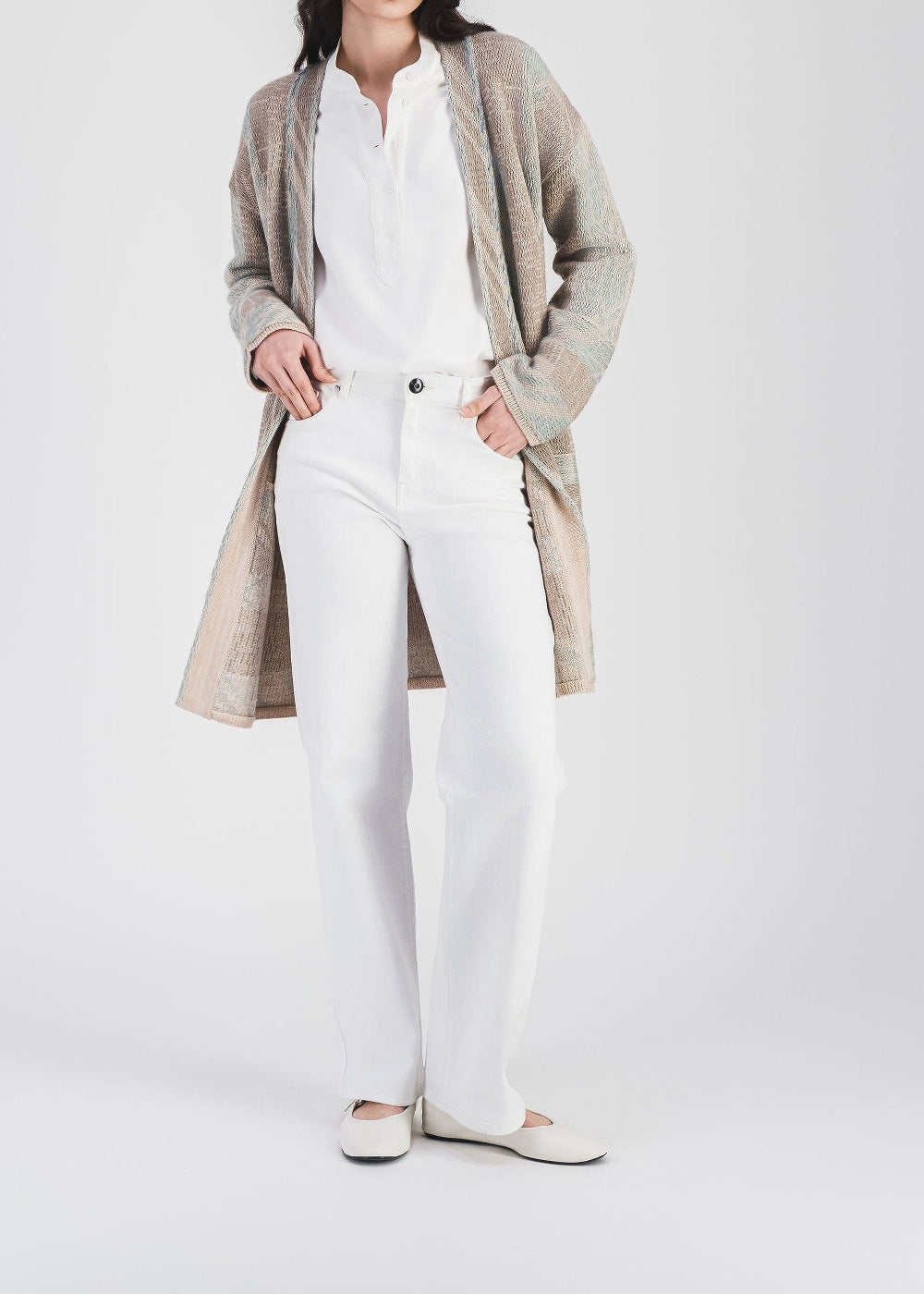 Geometric-print wool kimono coat - Light Beige