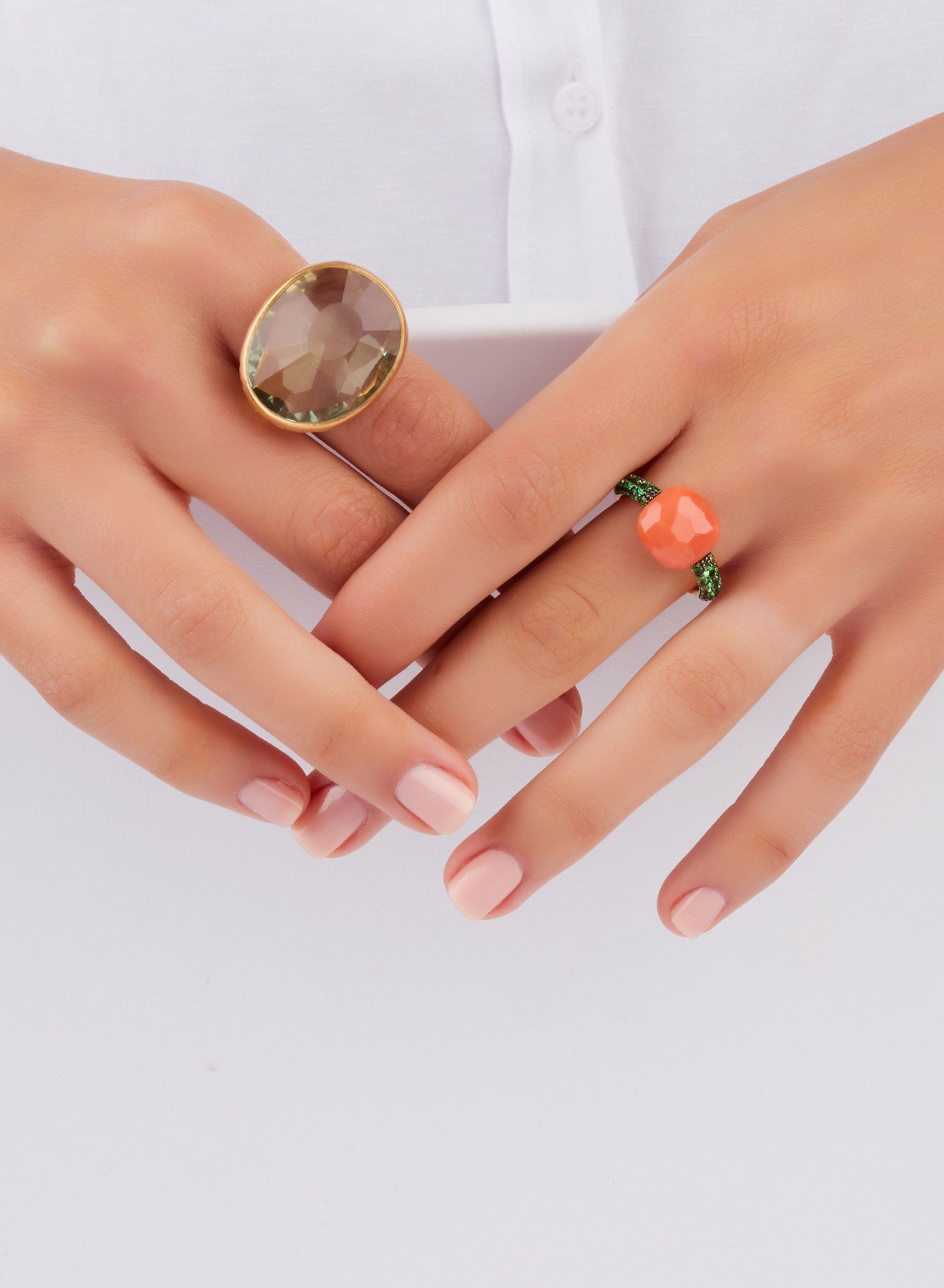 Bague Capri en Or rose 18K & Corail et Grenat tsavorite