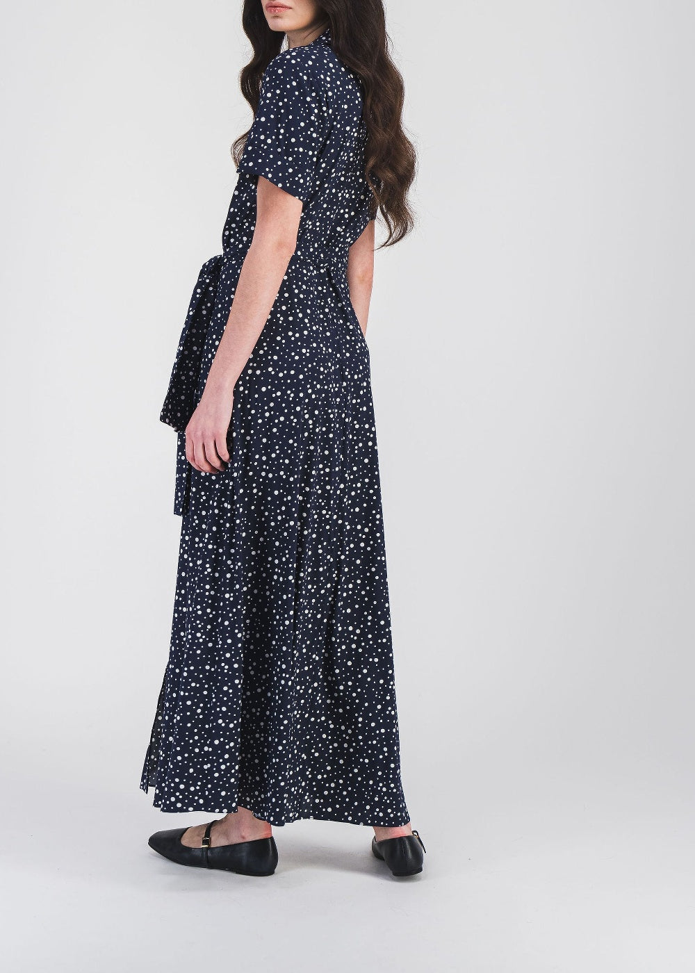 Robe longue à pois en soie - Marine