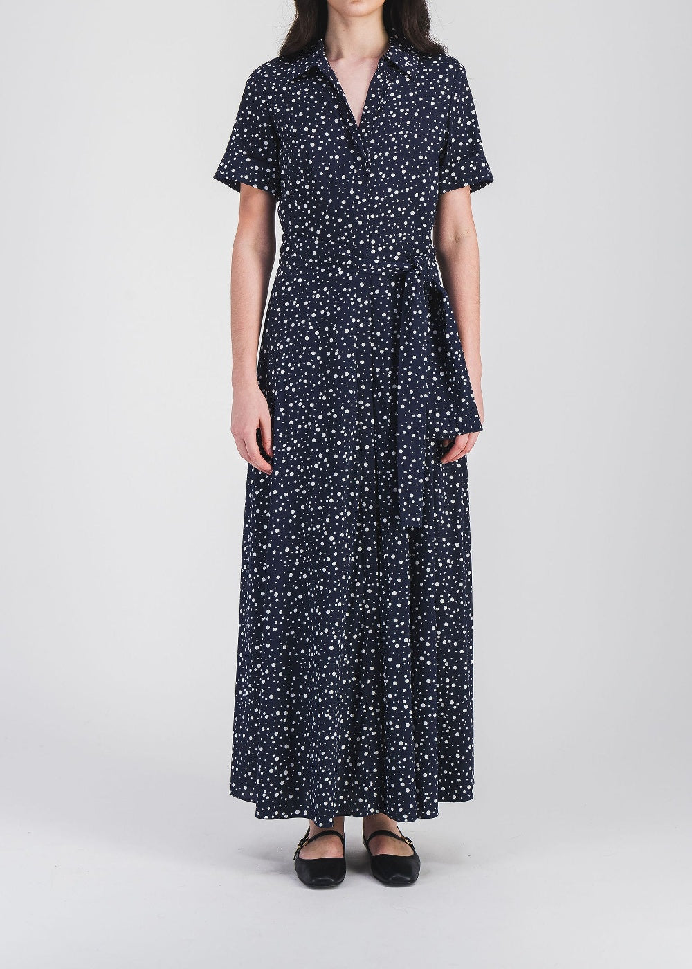 Robe longue à pois en soie - Marine