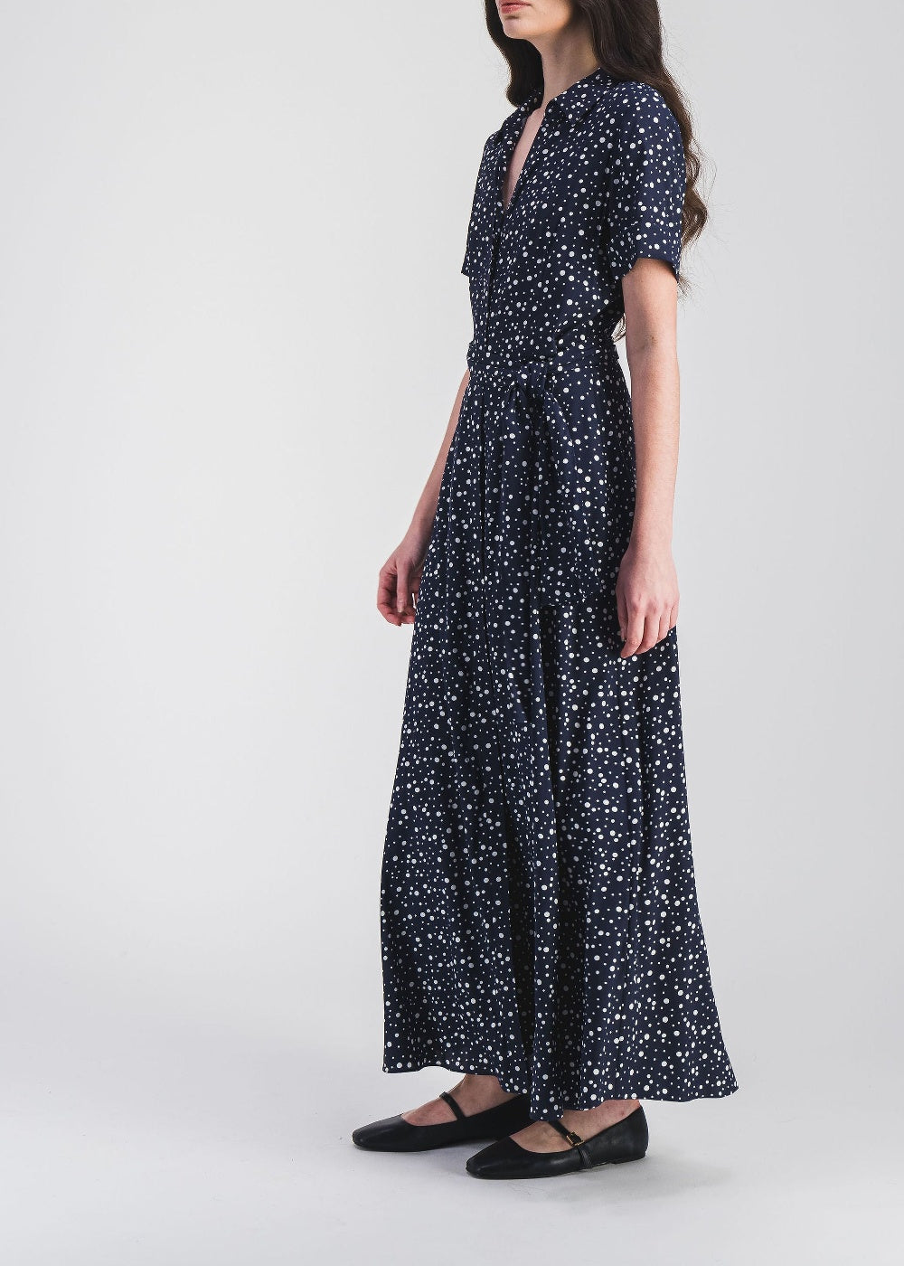Robe longue à pois en soie - Marine