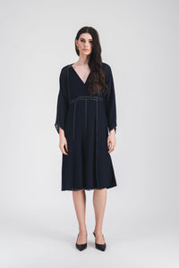 Robe courte col v broderie - Marine